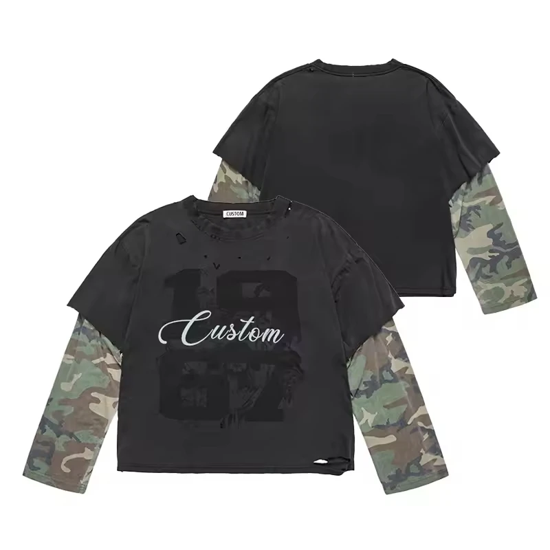For Men Vintage Oversized Streetwear Acid Wash Cotton T Shirt Custom Distressed Double Layer T-Shirt Men'S Long Sleeve Shirts gallery 5