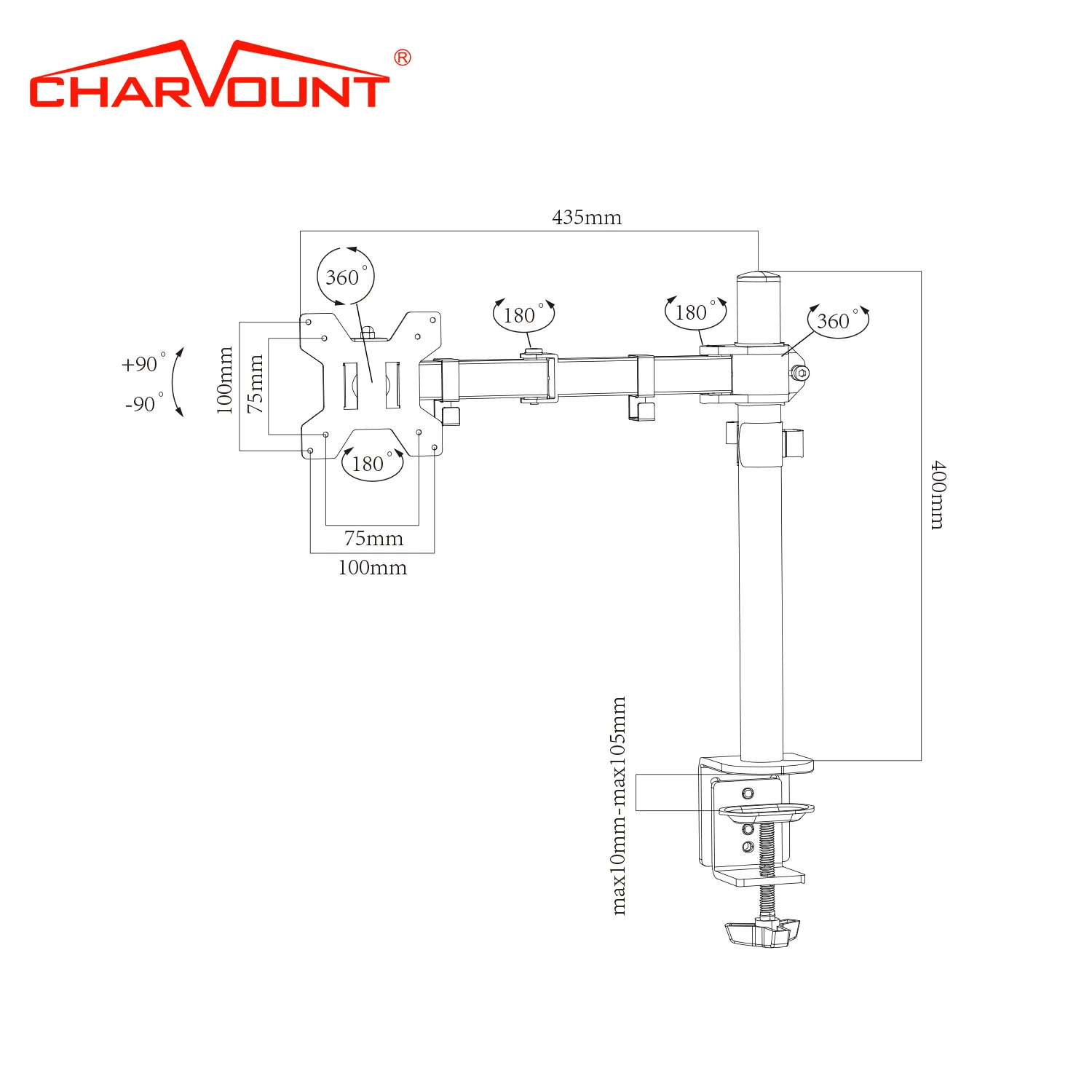 Charmount Swivel Vesa Adapter Computer Telescoping Table Stand Desk Monitor Arm Mount