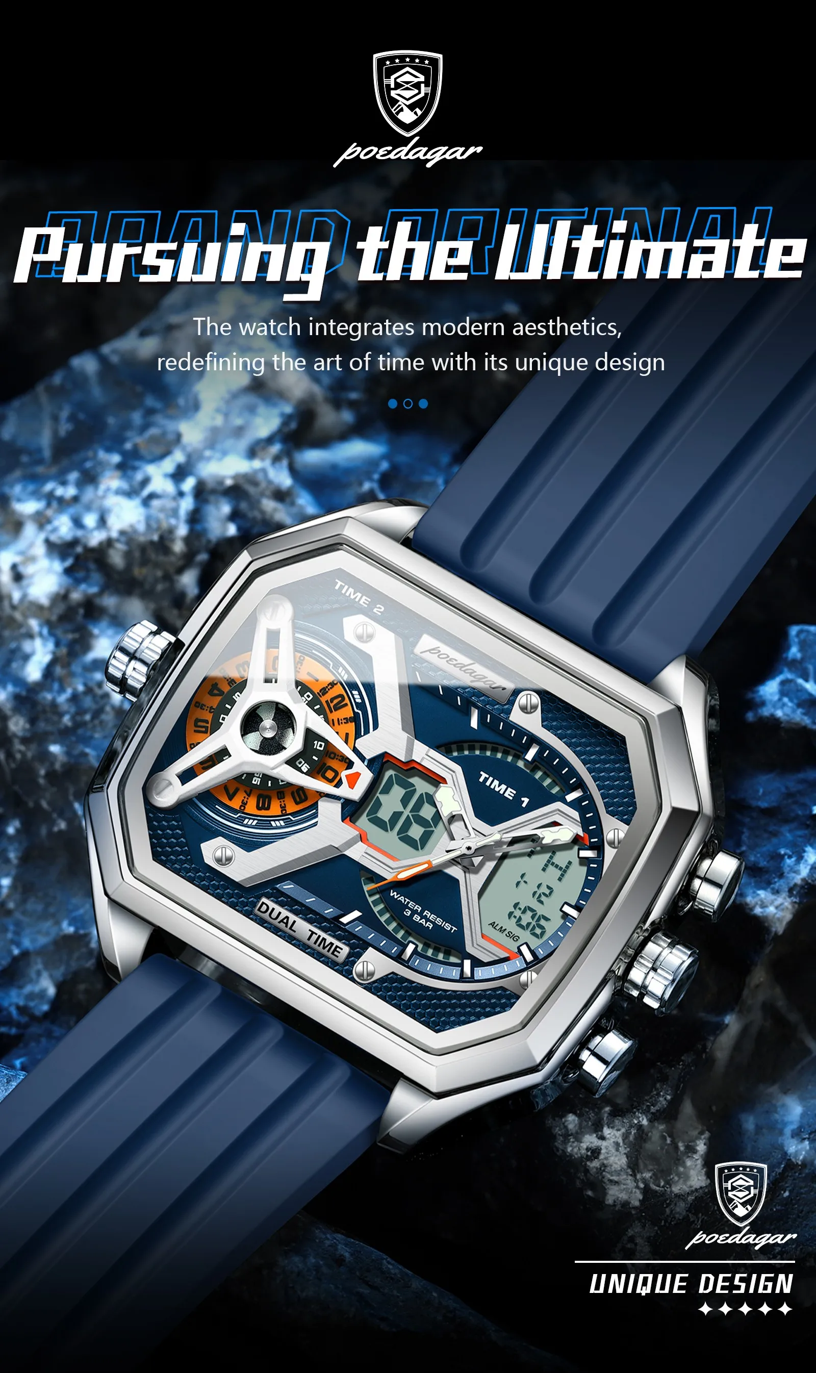 POEDAGAR E106发光时尚商务石英品牌双显示数字防水运动硅胶表带男士手表