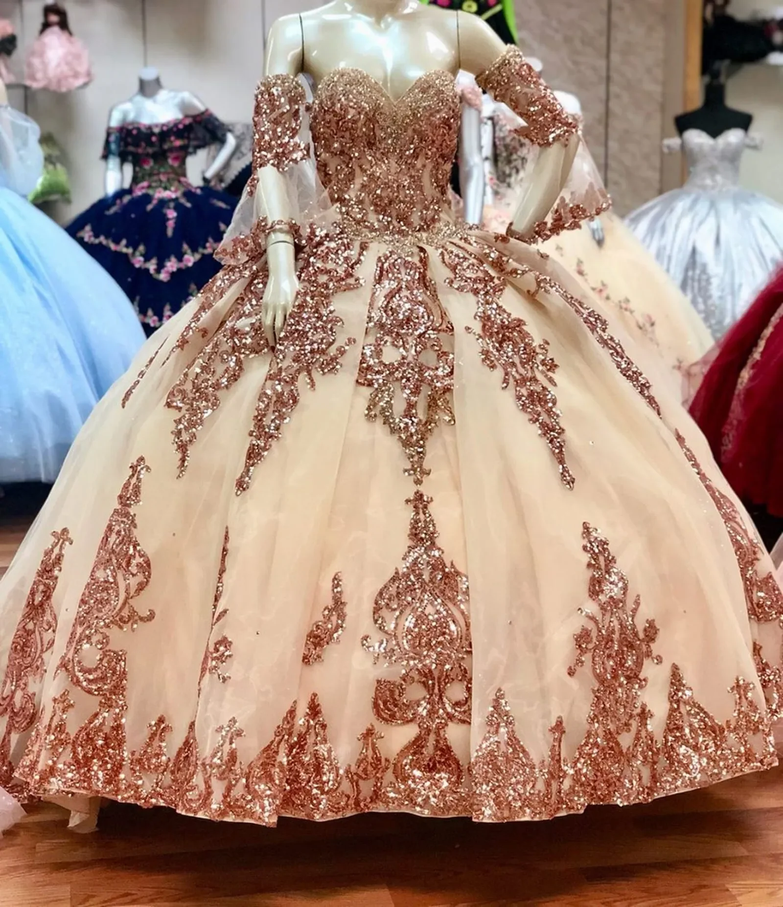 rose gold quinceanera dresses Rose Gold Sweetheart Puffy Princess Ball Gown Sweet 16 Dress Beaded Ap –  Simplepromdress