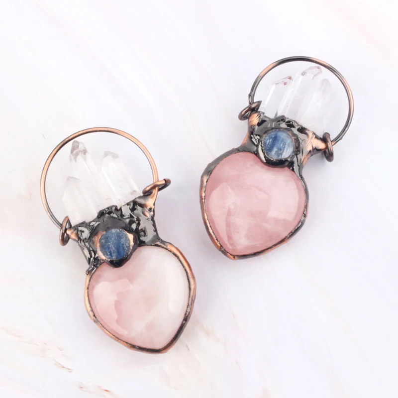 Wholesale Natural Crystal Healing Stone Rose Quartz Heart With Copper Pendant for Decoration