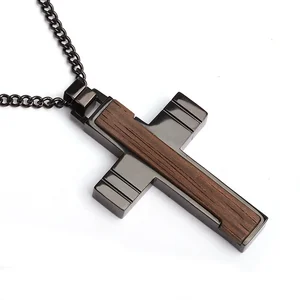 Wooden Cross Neckless Pendant Wholesales Stainless Steel Pendants with Ebony Wood Inlay  Pendant Necklace