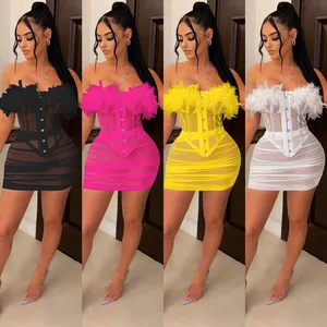 Sexy Mesh Sheer Strapless Feather Corset Crop Top and Skirt Women Two Piece Set