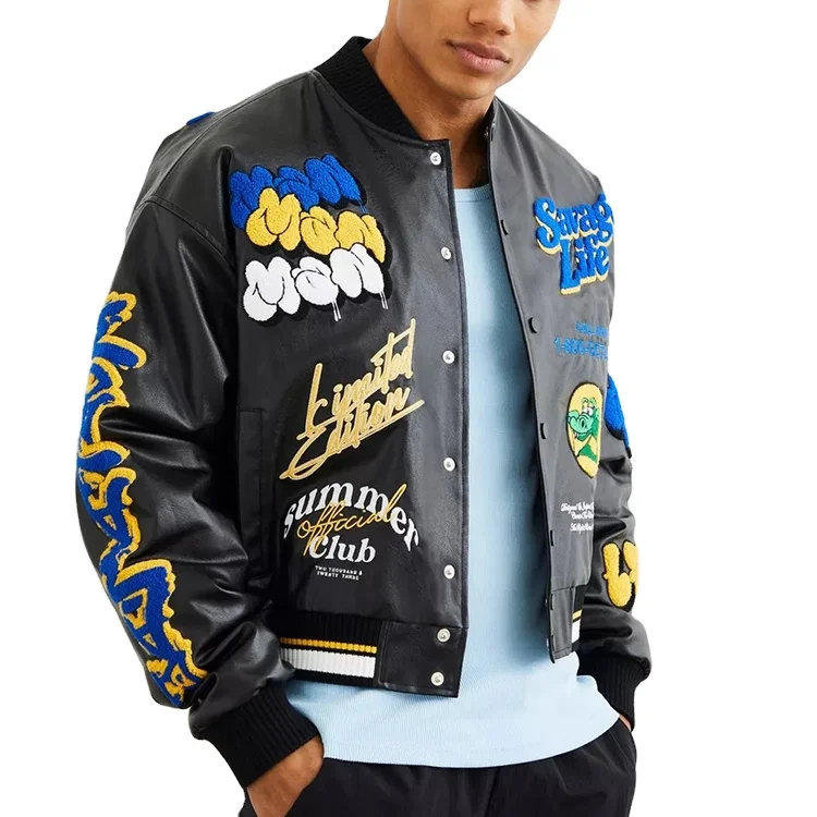 Black Pu Leather Baseball Men Multi Badge Chenille Embroidery Varsity Jacket men_voghion.com
