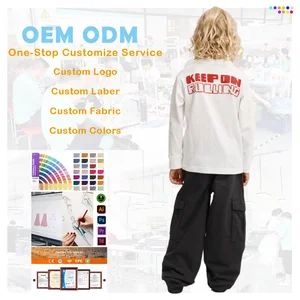 Custom Streetwear Heavy Weight Print Long Sleeve Sweatshirt and Casual Wide Leg Cargo Pants Kids Clothing Set