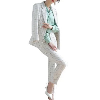 Dropship 2 Piece Set Rough Tweed Suit Formal Pant Suit Plaid Blazer Office Lady Uniform Design Women Business Jacket and Trouser