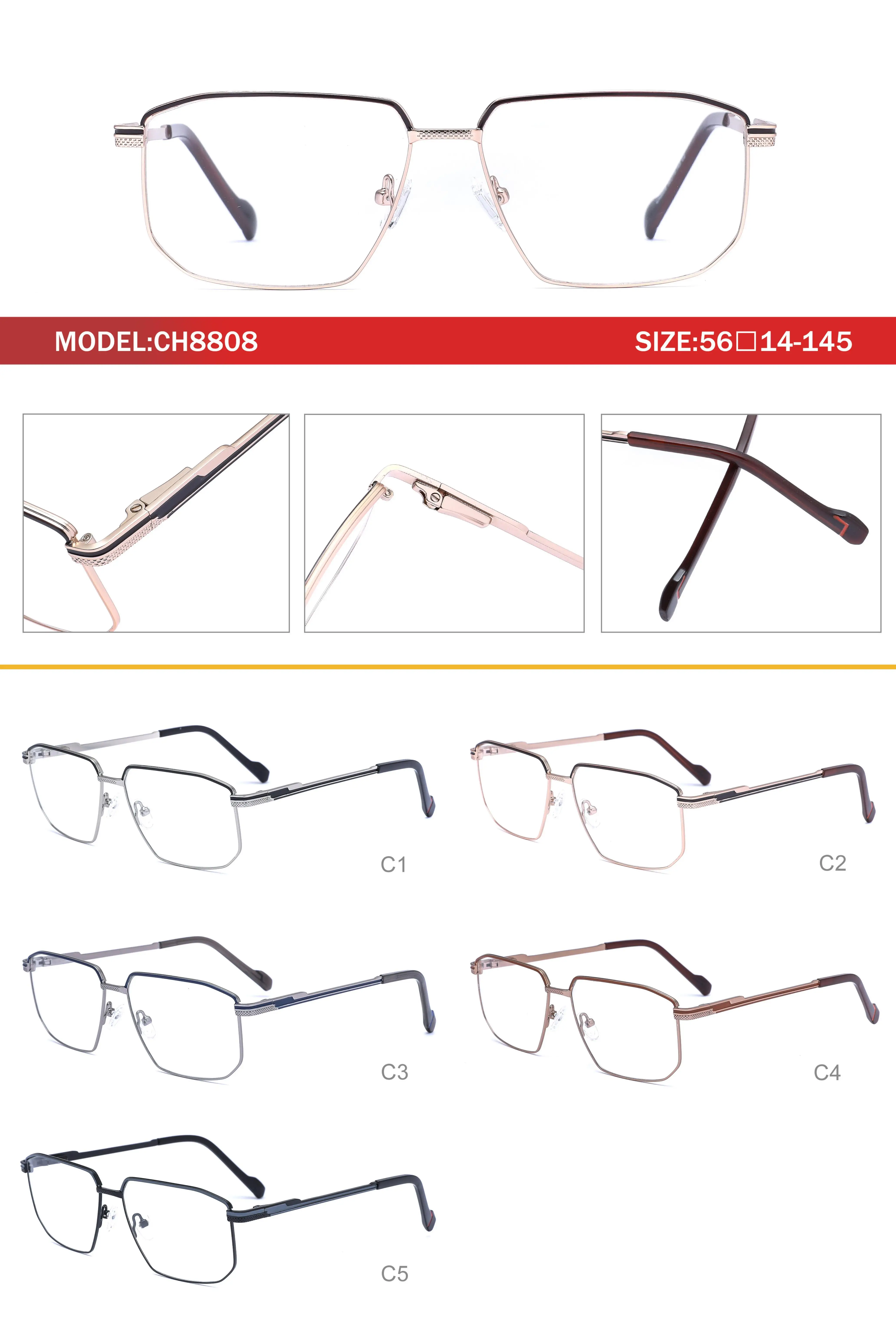 WHEF-CH8808 New Arrival Men Classic Retro Metal Eyeglasses Frames for All Face Eyewear Spectacles with Spring Tip Temple