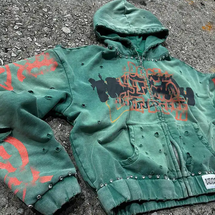 Manufacturer 500gsm Oversized Streetwear Hoodie Custom Acid Wash Print Rhinestone Heavyweight Cotton Zip Hoodie for Men