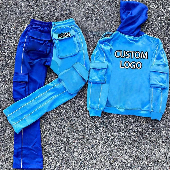 Custom Sweat Suits Unisex Two Tone 100% Cotton Sweatpants and Hoodie Set Oversized Cargo Embroidery Stacked Cargo Tracksuit Set
