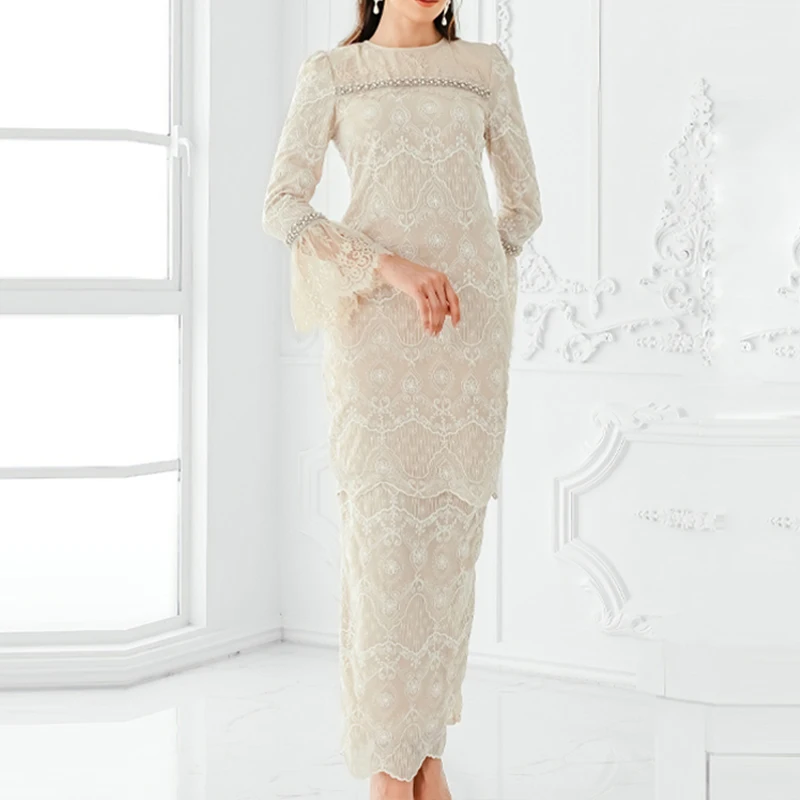 Factory Outlet  2 Pieces Skirt Set Malaysia Traditional Clothing Khimar Long Dress Baju Kurung Embroidery Abaya
