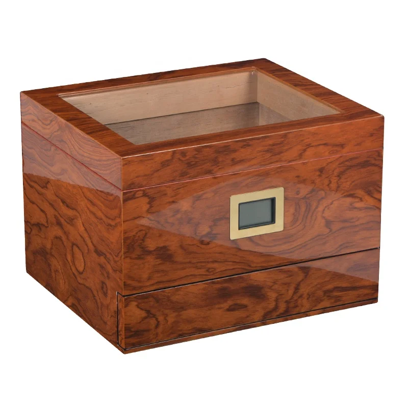 High Quality Glass Top Custom Logo Handcrafted Cigar Humidor Wood Storage Box with Divider and Front Digital Hygrometer