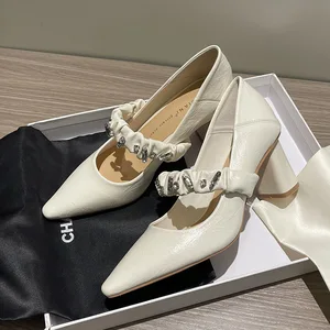 8788-1 Women's Summer Slip-On Shoes Pointed Toe Stepped Soft Leather Fashion Trend French Temperament Rhinestone