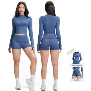 Factory Direct Sportswear Gym Clothing Gym Long Sleeve Top and Butt Lift Shorts Workout Two Piece Set for Woman