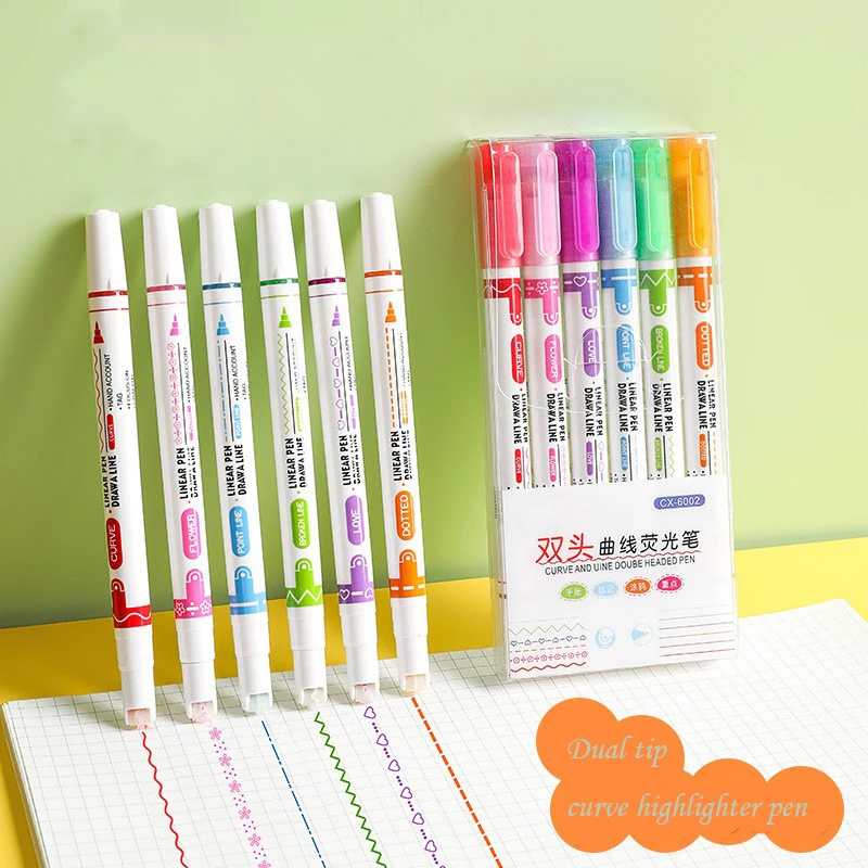 Набор ручек-хайлайтеров разных форм с двойным наконечником, 6 шт.