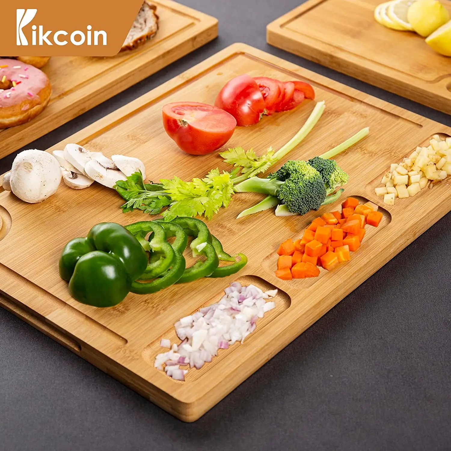 product bamboo kitchen cutting board 3 piece set kitchen cutting board with 3 built in compartments and juice tank-1