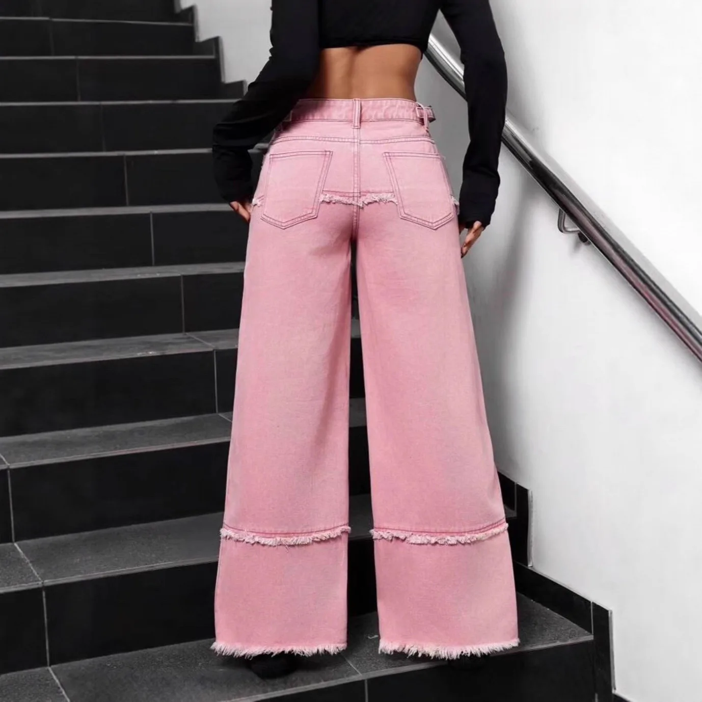 American Style High Street Fashionable Ripped Personality Solid Color Vintage Boot Cut Pants