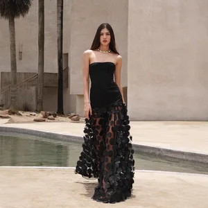 Best Selling Black Dress 3D Polka Dot Patchwork Puffy Sleeves Solid Color Summer 2025 Fashion Long Women Dress