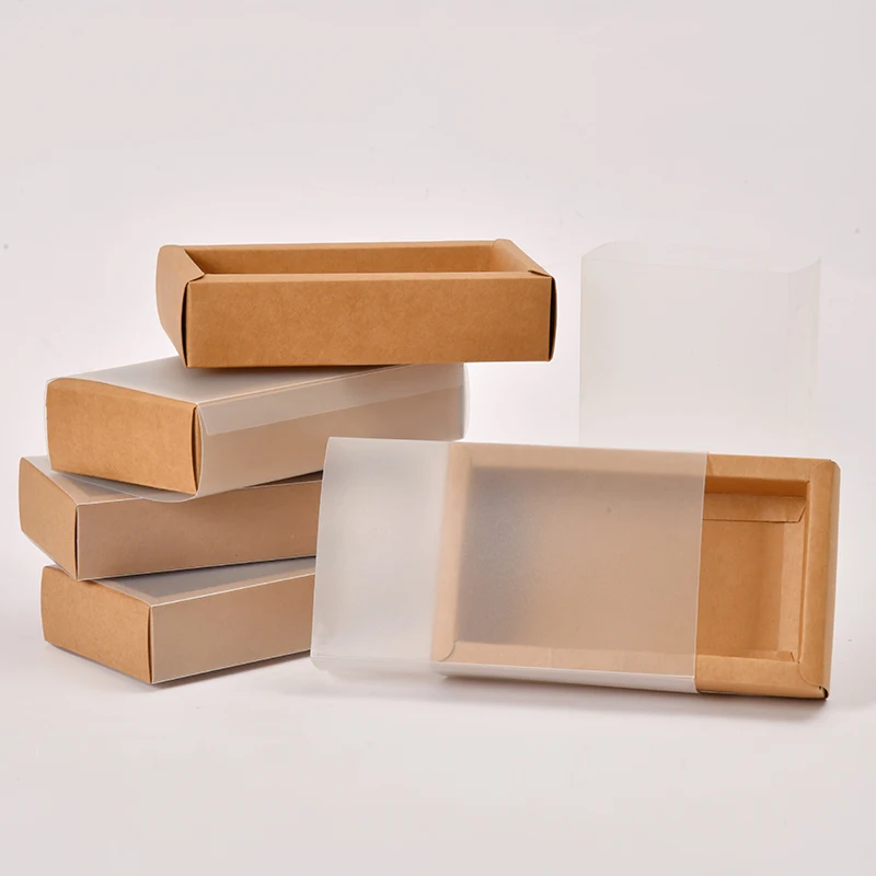 Customized Logo Packaging Kraft Drawer Box Kraft Paper Cardboard Packaging Box With Clear Plastic Pvc Lid