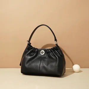 A-102 Women's High-Grade Genuine Leather Handbag Niche Design Pleated Underarm Soft Lock Shoulder Bag Genuine Leather Woman Bag