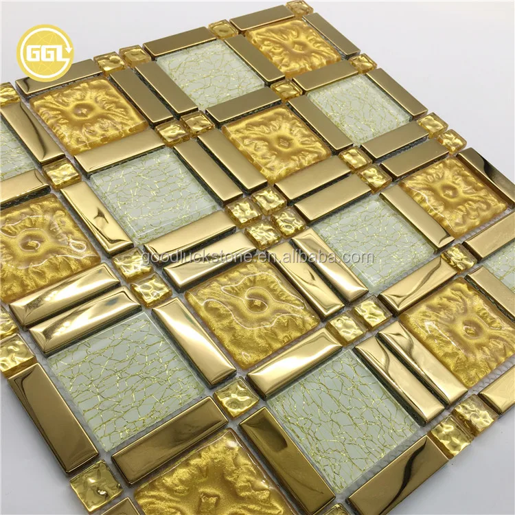 Shining Glass Mosaic Tile Mix Metal Strip Shaped Tile for Wall Decoration factory