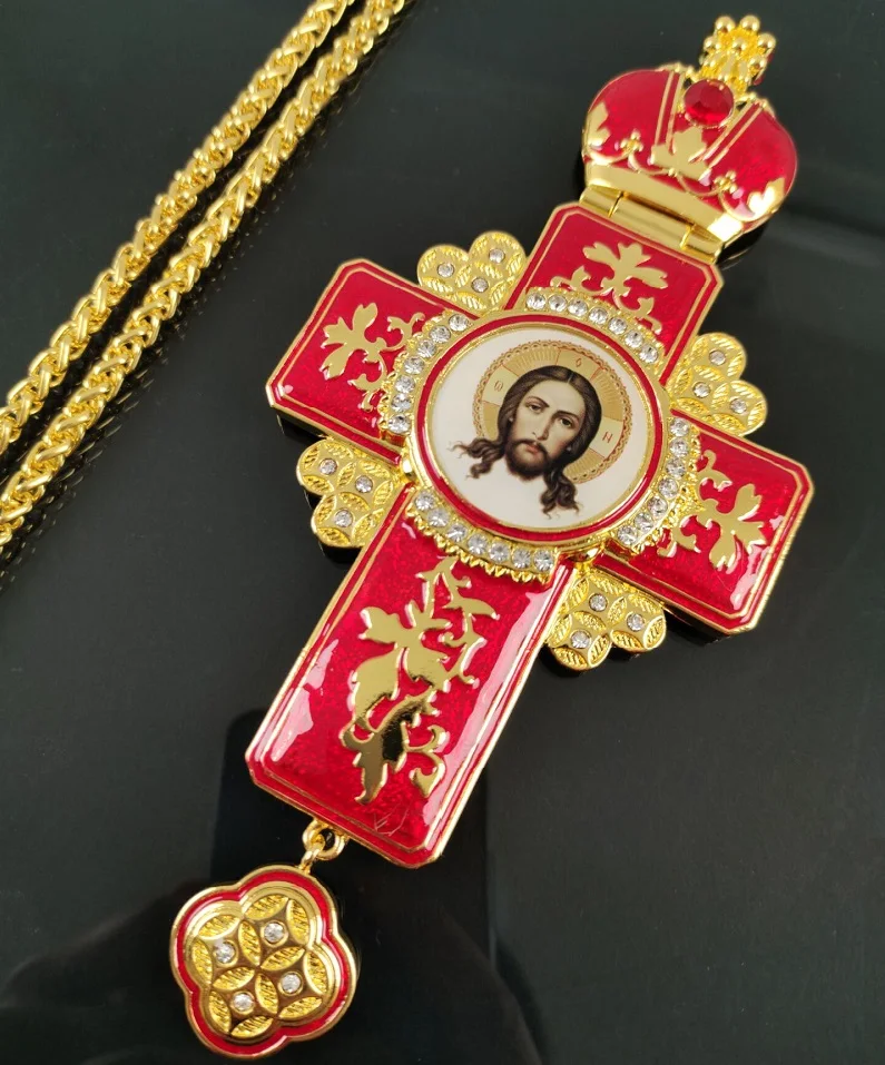Transparent Red Enamel Craft on Orthodox Bishop Top Ranking Pectoral Cross Necklace for Church Prayer
