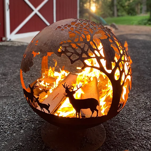 Laser Cut Outdoor Metal Fire Pit Sphere with Functionality and Aesthetics, Wood Burning Fire Pit Sphere with Half Ball Design