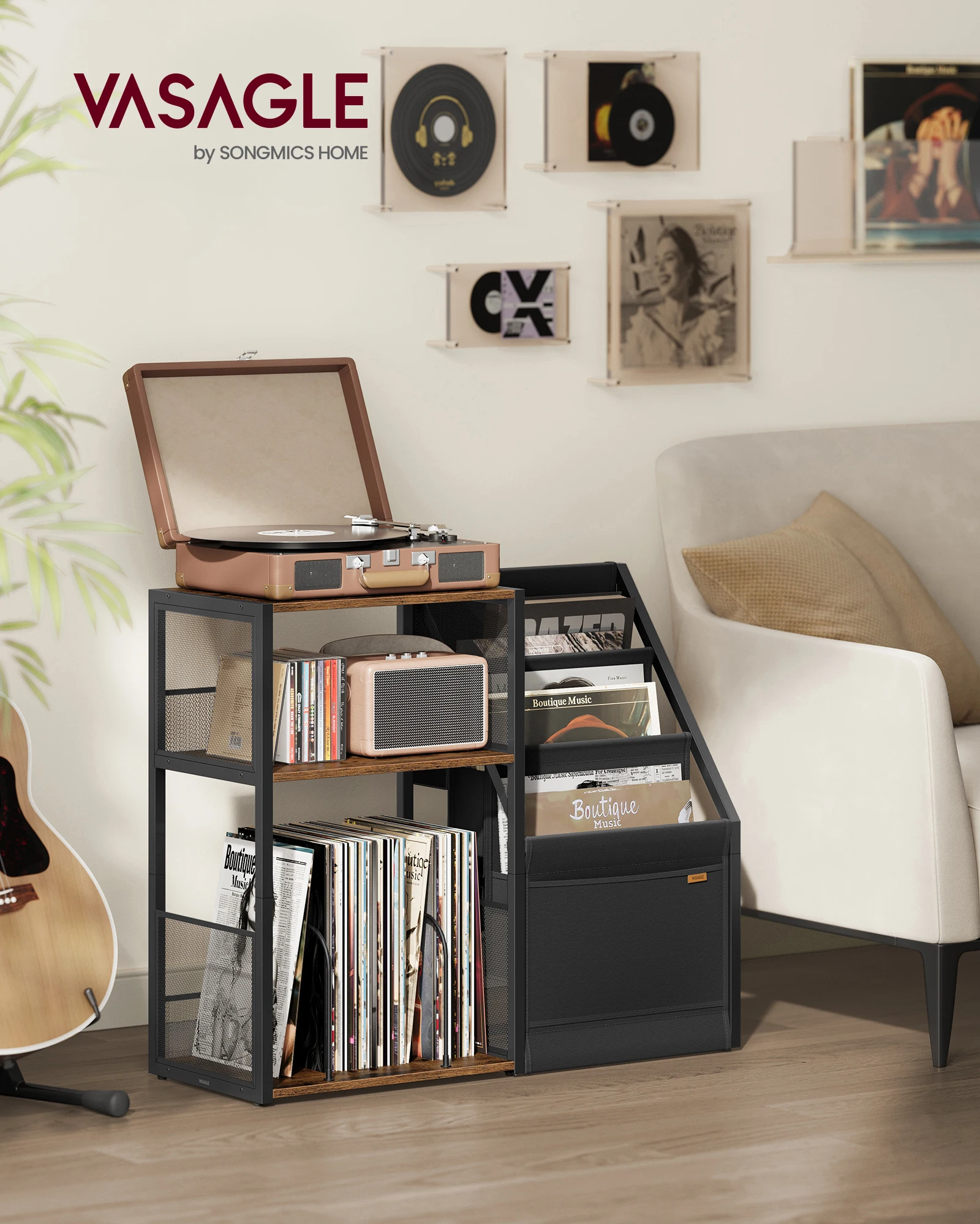 VASAGLE Wood Record Player Stand with Vinyl Record Storage 3-Tier Record Player Stand for 140 Albums