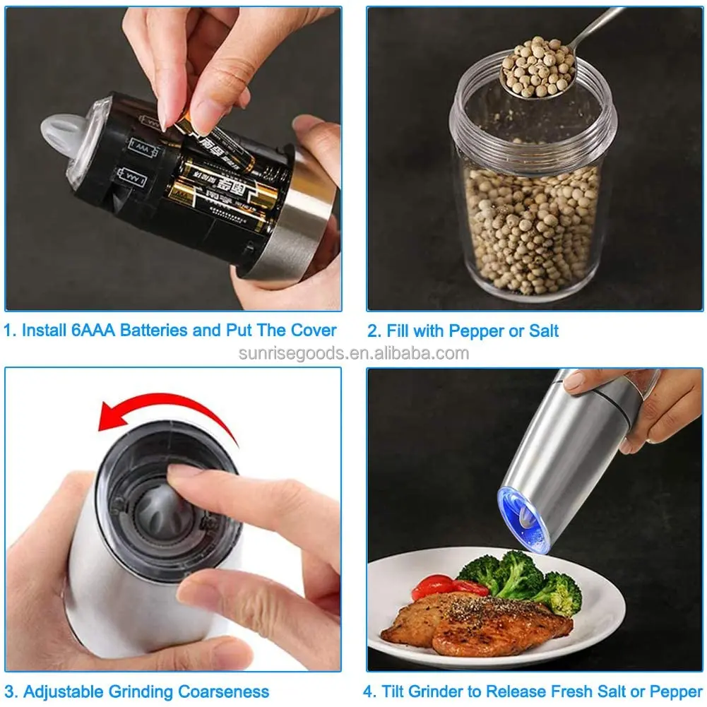 Electric Salt and Pepper Grinder Set, Battery Operated Stainless Steel Mill  with Light (Pack of 2 Mills), Bright Light, Adjustable Coarseness 