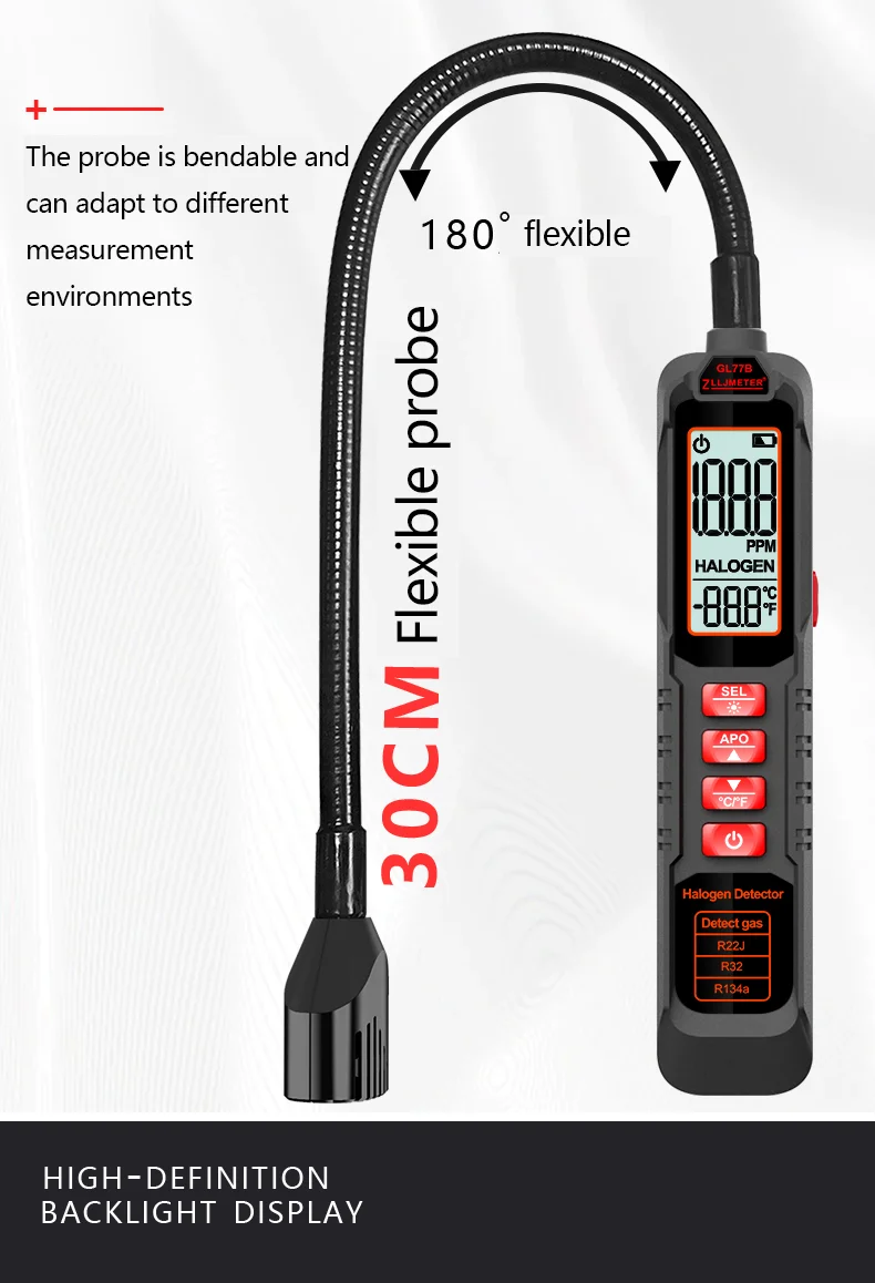 Portable refrigerant gas leak detector for AC & HVAC systems Detects common gases like R22, R32, and R134a with high sensitivity Wide detection range (approx. 0–1000 ppm) for accurate leak identification Fast response with high precision sensor for quick results LCD display for real-time gas concentration readings Audio and visual alarm alerts for easy leak detection Compact, lightweight, and handheld design for easy use Ideal for air conditioners, refrigeration systems, and automotive AC repair