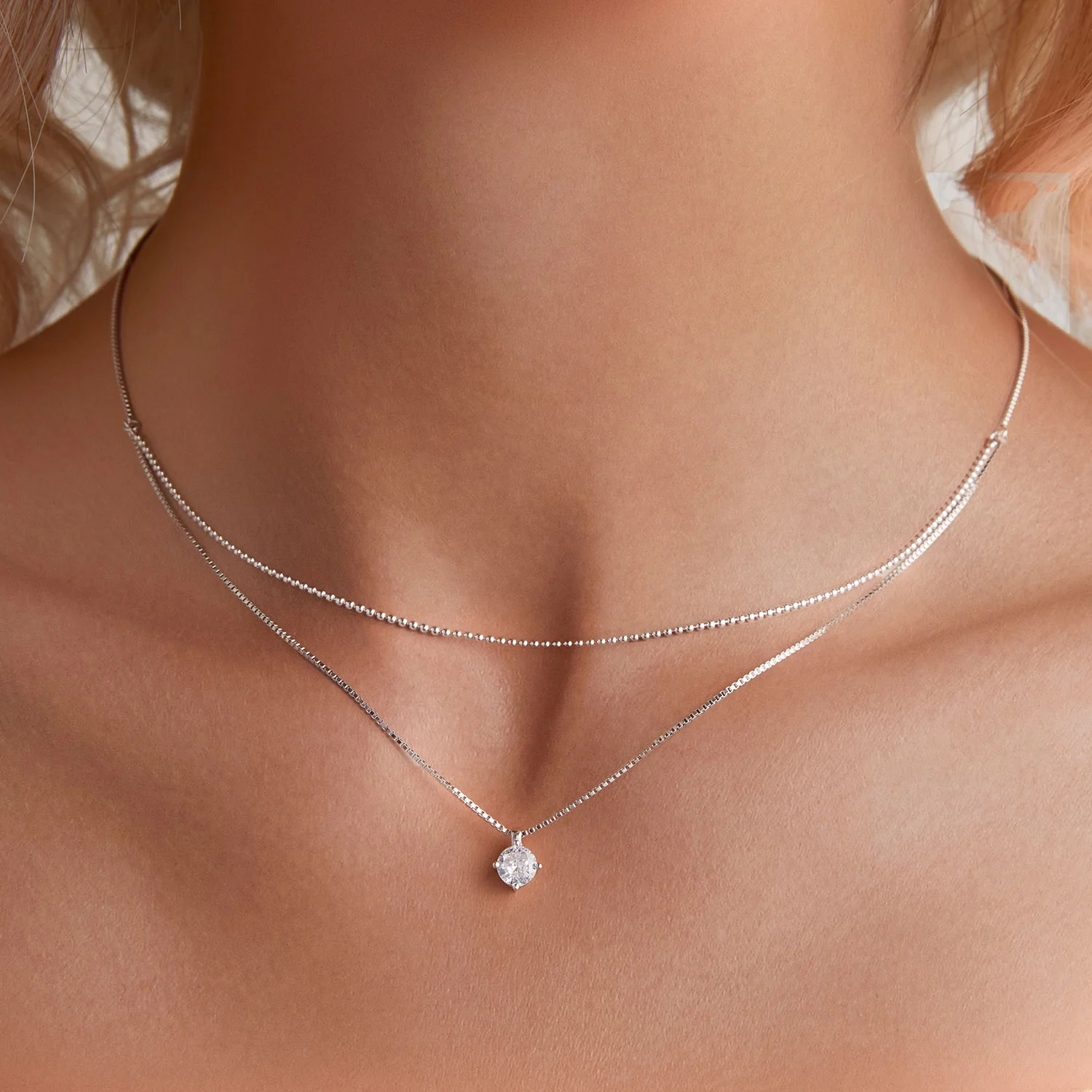 925 Sterling Silver Necklaces Sparkling Double Necklace