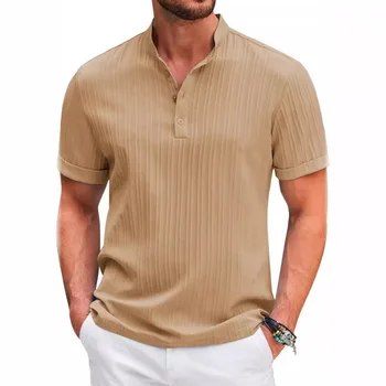 Mens Vintage linen striped cotton polyester tshirt short sleeve button down henley shirts for men