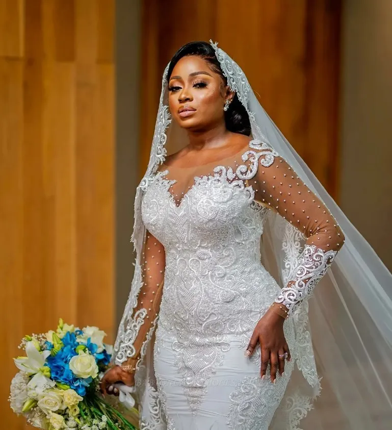Wholesale Mermaid Wedding Dresses Long Sleeve White Wedding Gowns with  Embroidery Plus Size African Cheap Wedding Dress