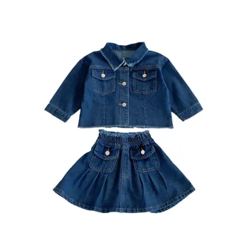 2024 Autumn style Child girl-year-old lapel long sleeve Denim coat pleated skirt suit