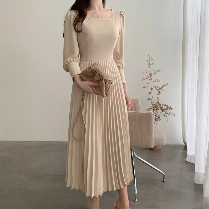 Yl5527 New Korean 2022 Women Elegant Solid Color Pleated Dress Women ...