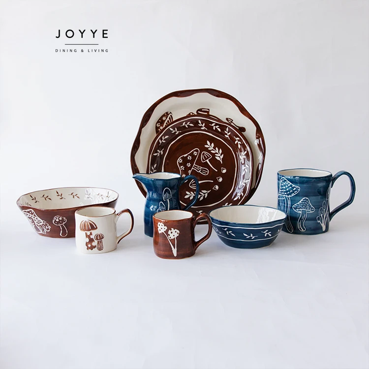 JOYYE Custom Hand-Painted Mushroom Design Dinner Bowl Set