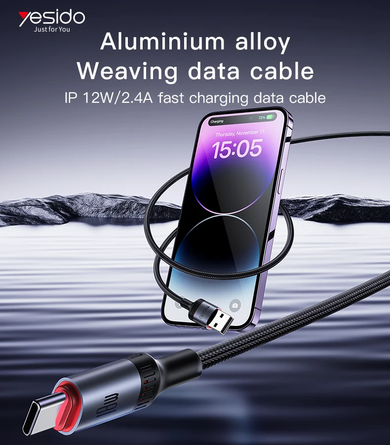 Yesido CA130L 2 متر USB إلى IP 12 واط شحن سريع مدمج في صحن سبائك الألومنيوم مضفر