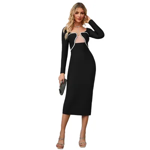 C2328 Black Square Neck Maxi for Bandage Dress Elegant Soft Maxi Bodycon Crystal Beading Empire Long Sleeve Party for Spring