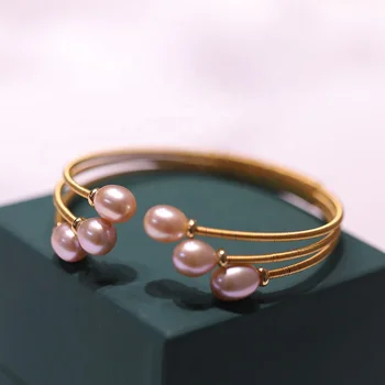 7-8mm natural freshwater oval pearl bracelet cultured real pearl stainless 14k gold-filled bangle for women