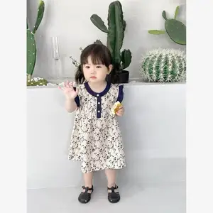 Girls Summer Dress Korean Retro Print Small Flutter Sleeve Princess Dress Solid Pattern Party Knee-Length Skirt Clothes for Kids