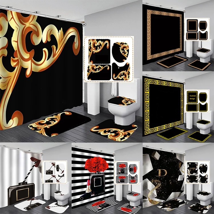 Custom 3D Digital Print Designers Logo Luxury Bathroom Rug Sets Famous Name Brand Shower Curtain and Mats