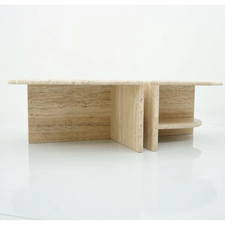 Set of Two Coffee Side Tables for Living Room  Beige Travertine Two Layers Twin Modern Coffee Table With Storage