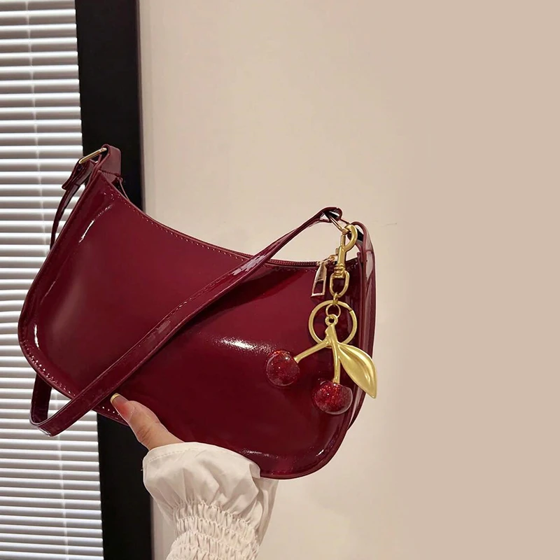 Women's PU Leather Handbag Single Strap Polyester Versatile Fashion Solid Color Cherry Pendant Casual Commuting