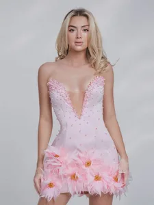 Bettergirl 2026 Fashion New Handmade Sequin pink Feather Short Cocktail Dress Backless Tight Sexy White Party Evening Dress