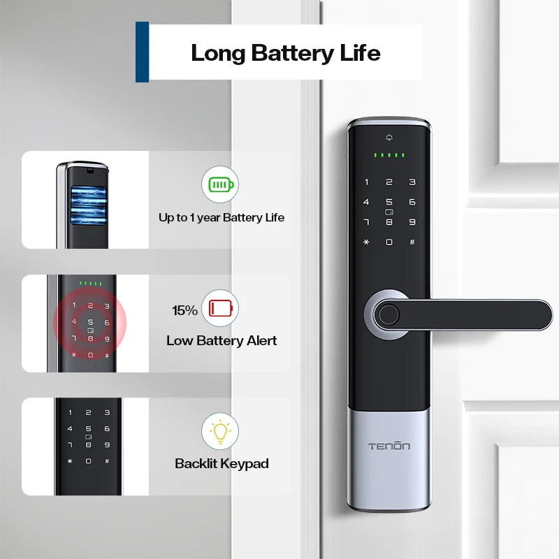 Tenon Home Smart Lock Tuya Intelligent Door Handle Biometric Fingerprint RFID Card Reader Aluminum Electronic Keyless Digital