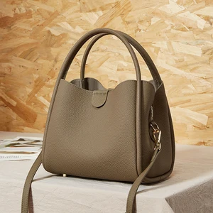 2026 Retro Style Genuine Leather Luxury Waterproof Handbags for Women Designer Removable Strap Shoulder/Crossbody Bucket Bags