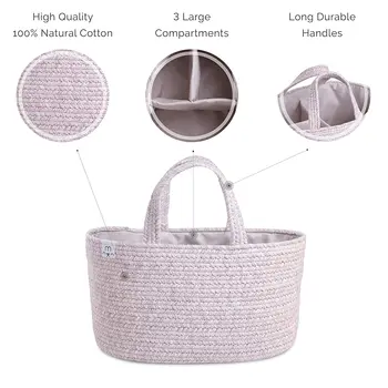 Nursery Diaper Caddy Organizer Cotton Rope Diaper Storage Basket With Divider Custom Car Travel Tote Bag
