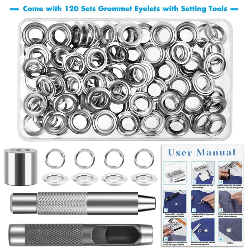 Grommet Kit,120 Sets Grommet Kit 1/2 Inch Grommets Eyelets With Tools