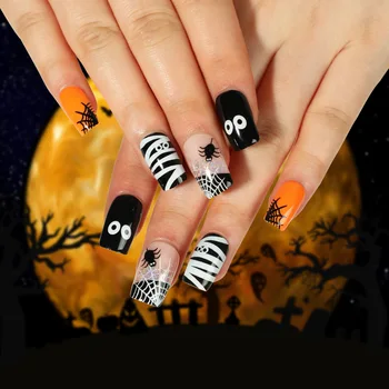 24 pcs/set Wear Nail Wholesale Halloween Spider Black White Spider Web Cartoon Eye Bead press on nails fake nails