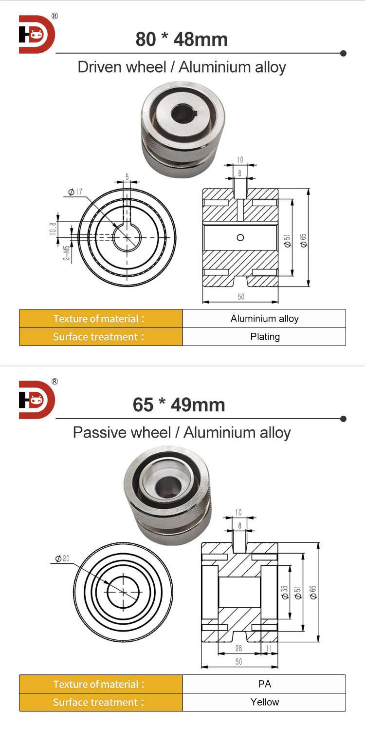 80 * 48mm Aluminum Head Wheel Translation Machine Belt Drive Guide Wheel Nylon Wear-resistant 60 * 48 Active Driven Wheel manufacture