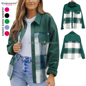 Wholesale Green Winter Shackets Long Sleeve Patchwork Pockets Jackets Coat Women Plaid Woolen Shacket Jacket